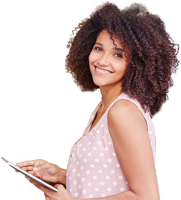 A smiling businesswoman holding a tablet